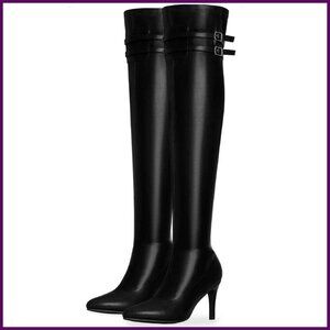 Pointed Toe Over Knee Stiletto Heel Boots with Zipper Buckle Strap